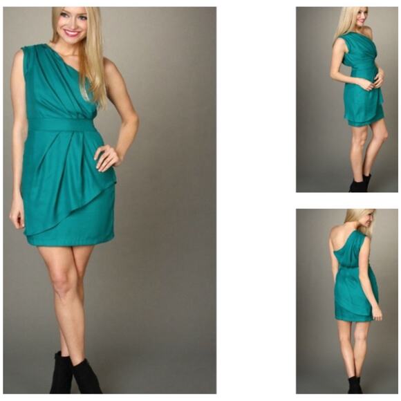 NWT BCBG WOMENS 0 DEEP AQUA BLUE GREEN DRAPED ONE SHOULDER DRESS NEW YEARS GLAM - Picture 7 of 12
